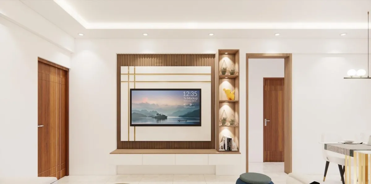 Render of a living-room TV wall: fluted teak panel wrapping a white centre inset crossed by thin brass strips