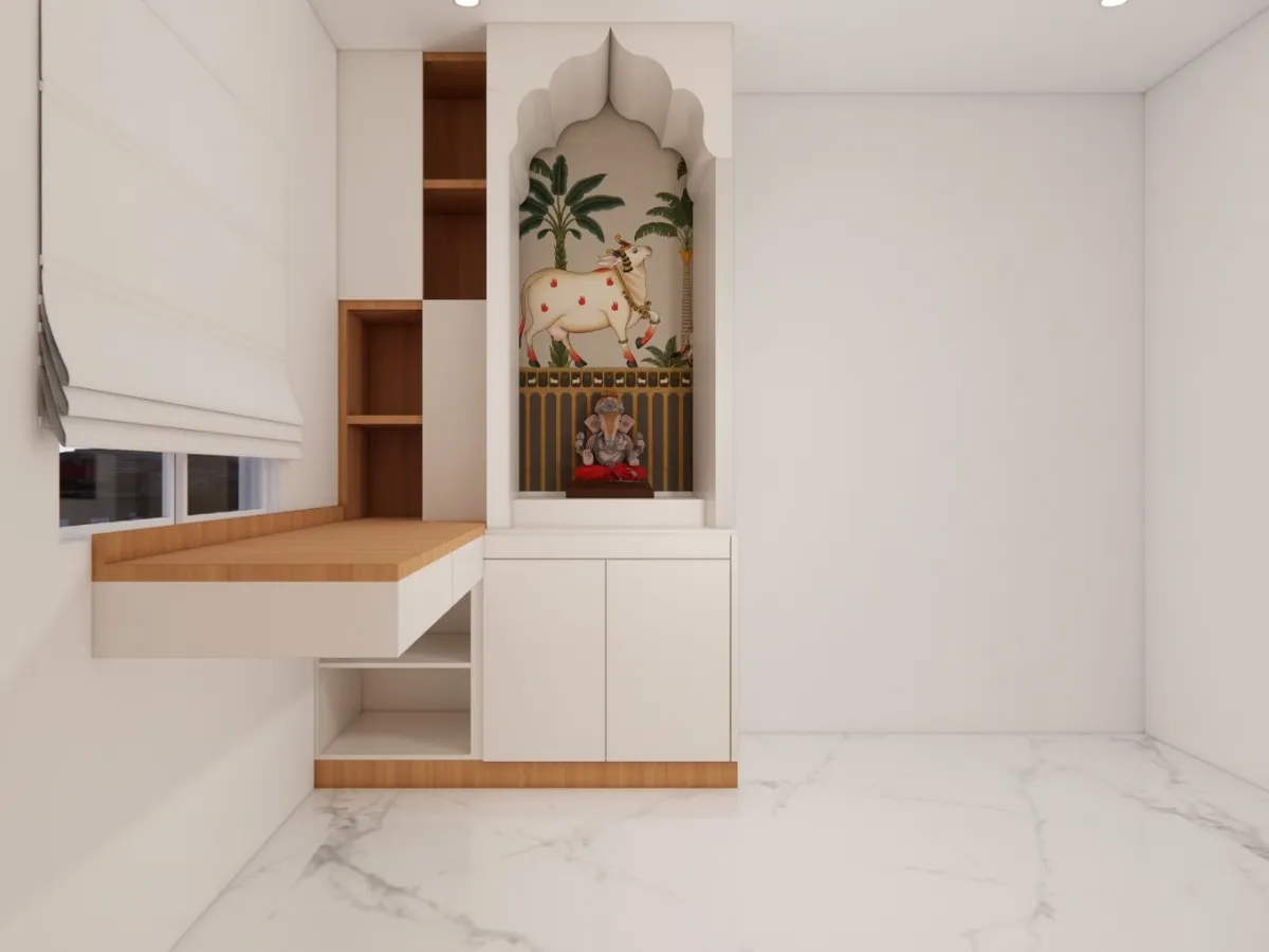 Render of a white pooja corner where a cusped-arch mandir niche backed by a Pichwai cow-and-palm panel sits over closed shutter storage