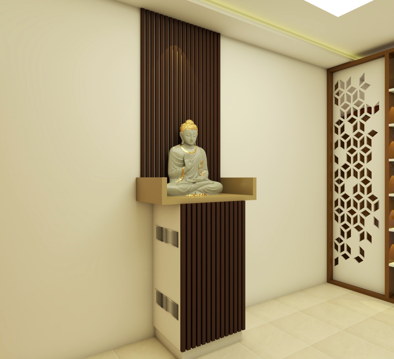 Render of an entrance display niche with vertical fluted wood panelling holding a Buddha statue, beside a hexagonal jaali-pattern door.