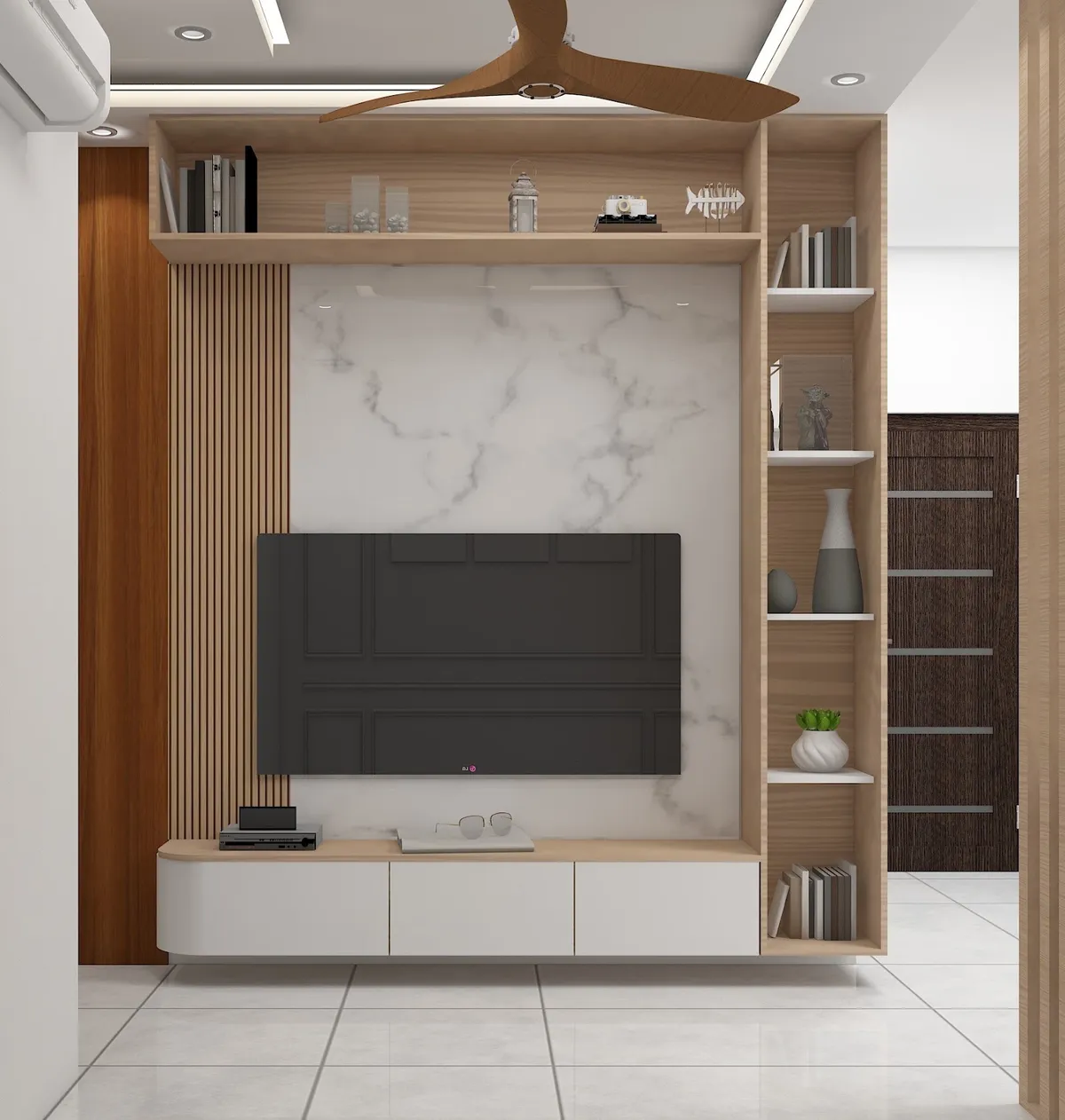 Render of a living-room TV wall — a white marble-look slab framed by oak fluted slats