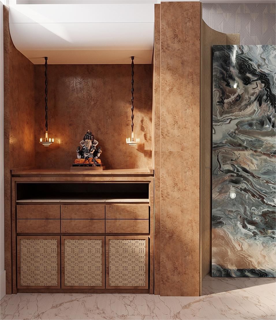 Render of a moody pooja alcove with textured bronze walls, hanging diya-style pendant lights over a brass Ganesh idol