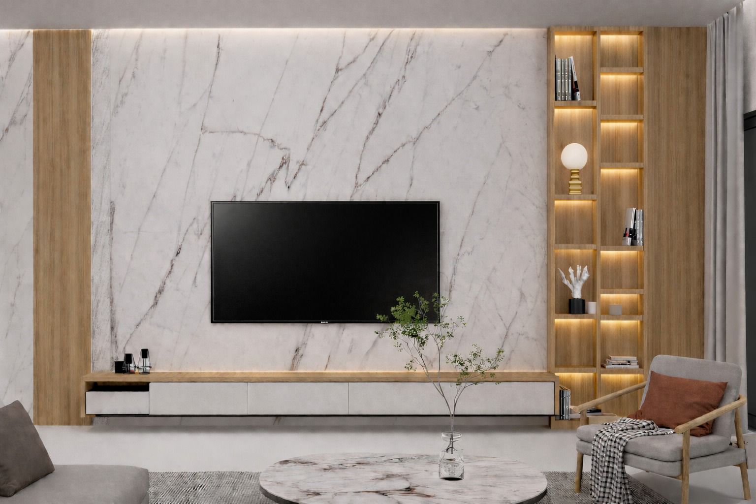 Render of a living room with a book-matched white marble TV feature wall, a floating wood-and-white TV console