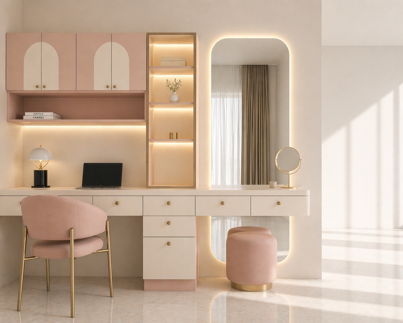 Render of a blush-pink study and dressing nook with arched cabinet doors, a tall backlit mirror, LED-lit display shelving, and a pink velvet chair.