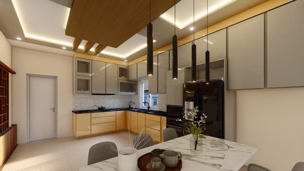 Render of an open dining-kitchen space with a marble dining table under four black cylindrical pendant lights