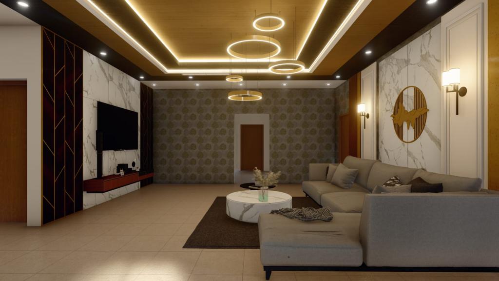 Render of a large living room with a marble-clad TV wall, patterned wallpaper on the back wall, multiple gold ring pendant lights