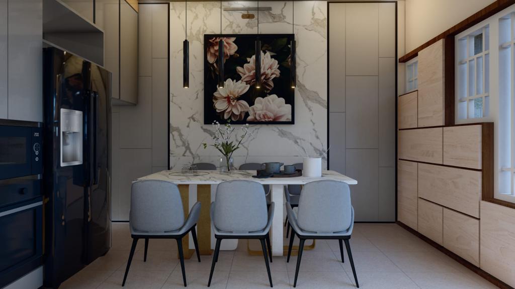 Render of a dining nook with a marble-clad accent wall, three black cylindrical pendant lights over an oval table