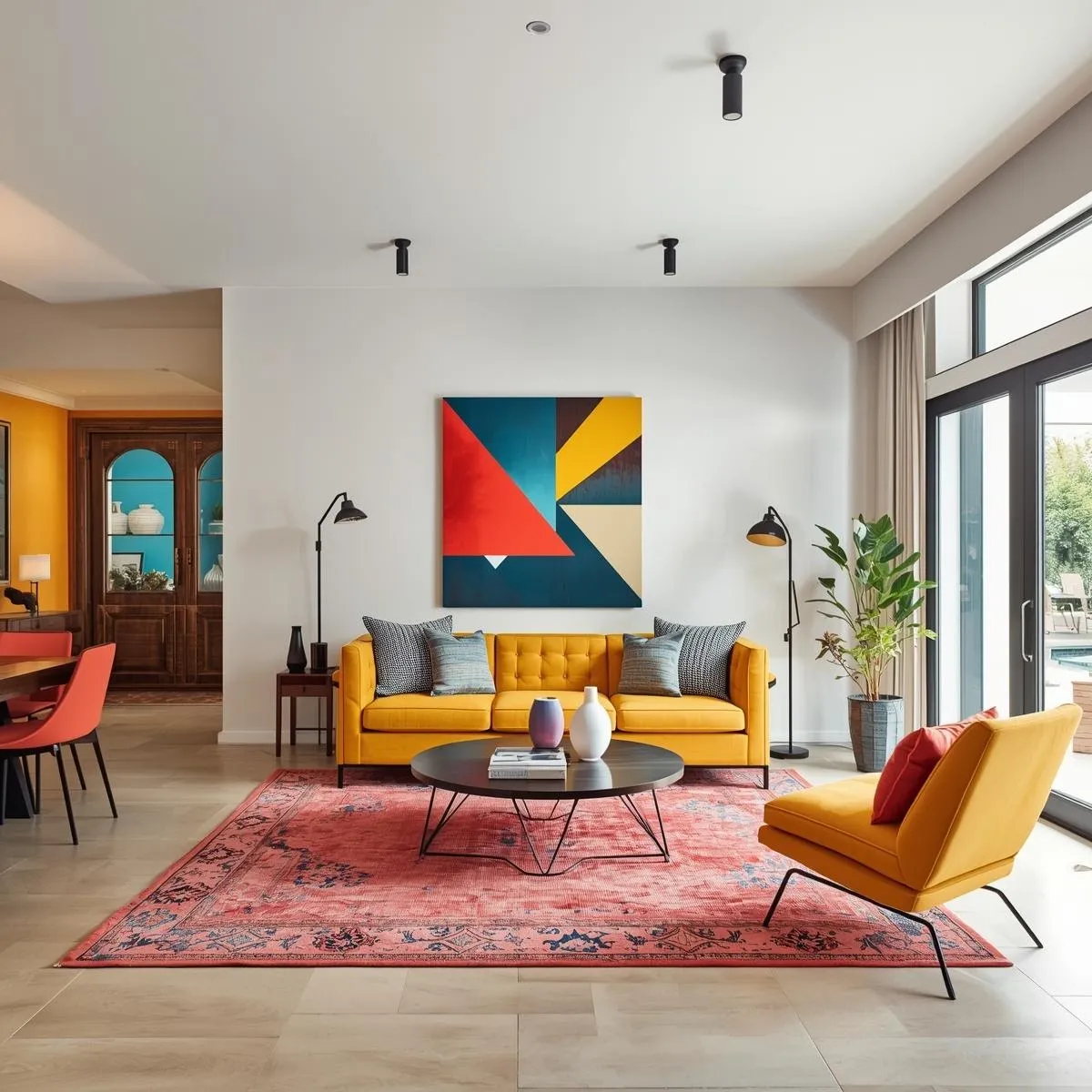 Render of an open living room with a mustard buttoned sofa under a red-and-teal geometric canvas, a black wire-base round table on a faded coral Persian rug
