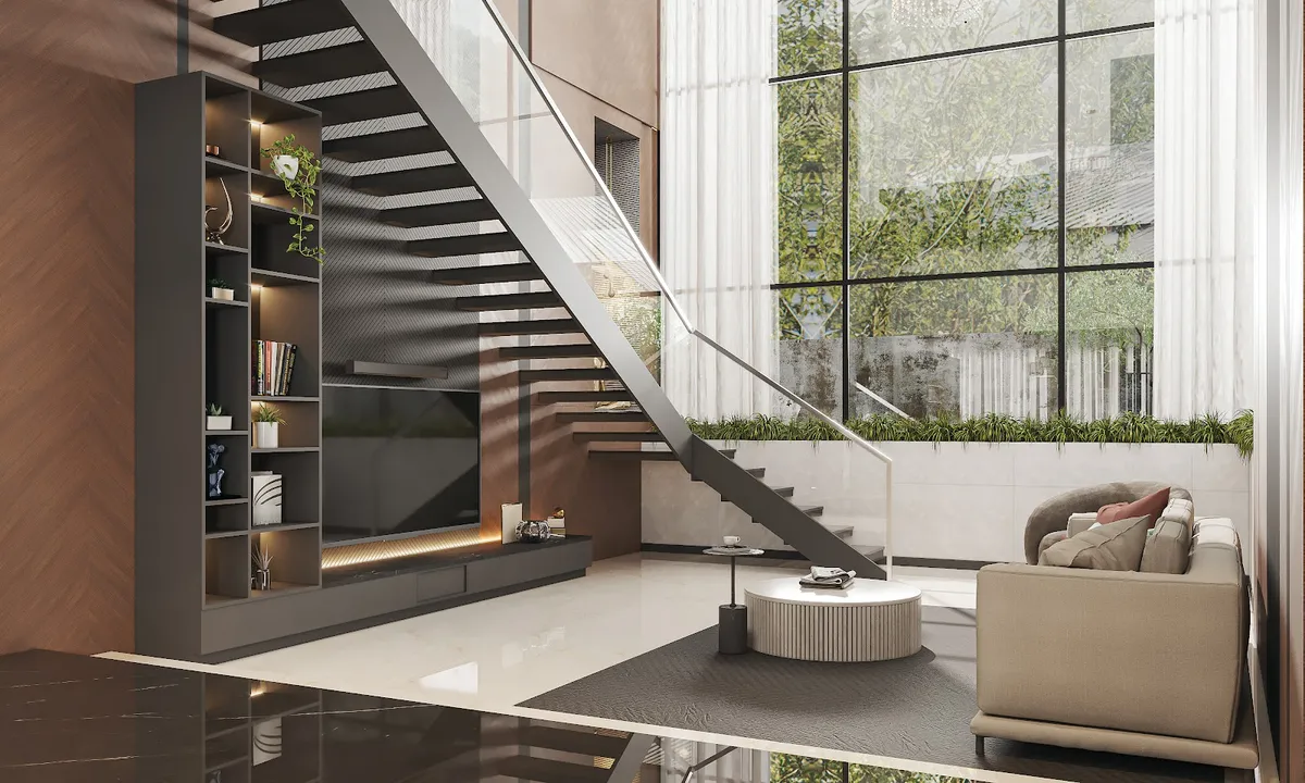 Render of a double-height living room with a staircase over a built-in TV console and bookshelf, floor-to-ceiling glazing, and a round fluted coffee table.