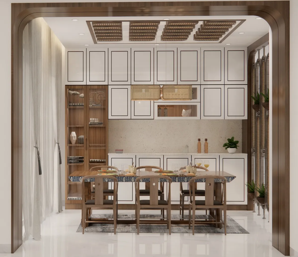 Render of a dining nook framed inside a curved walnut arch, a six-seat wooden table with cane-back chairs set against a full wall of white shaker-profile
