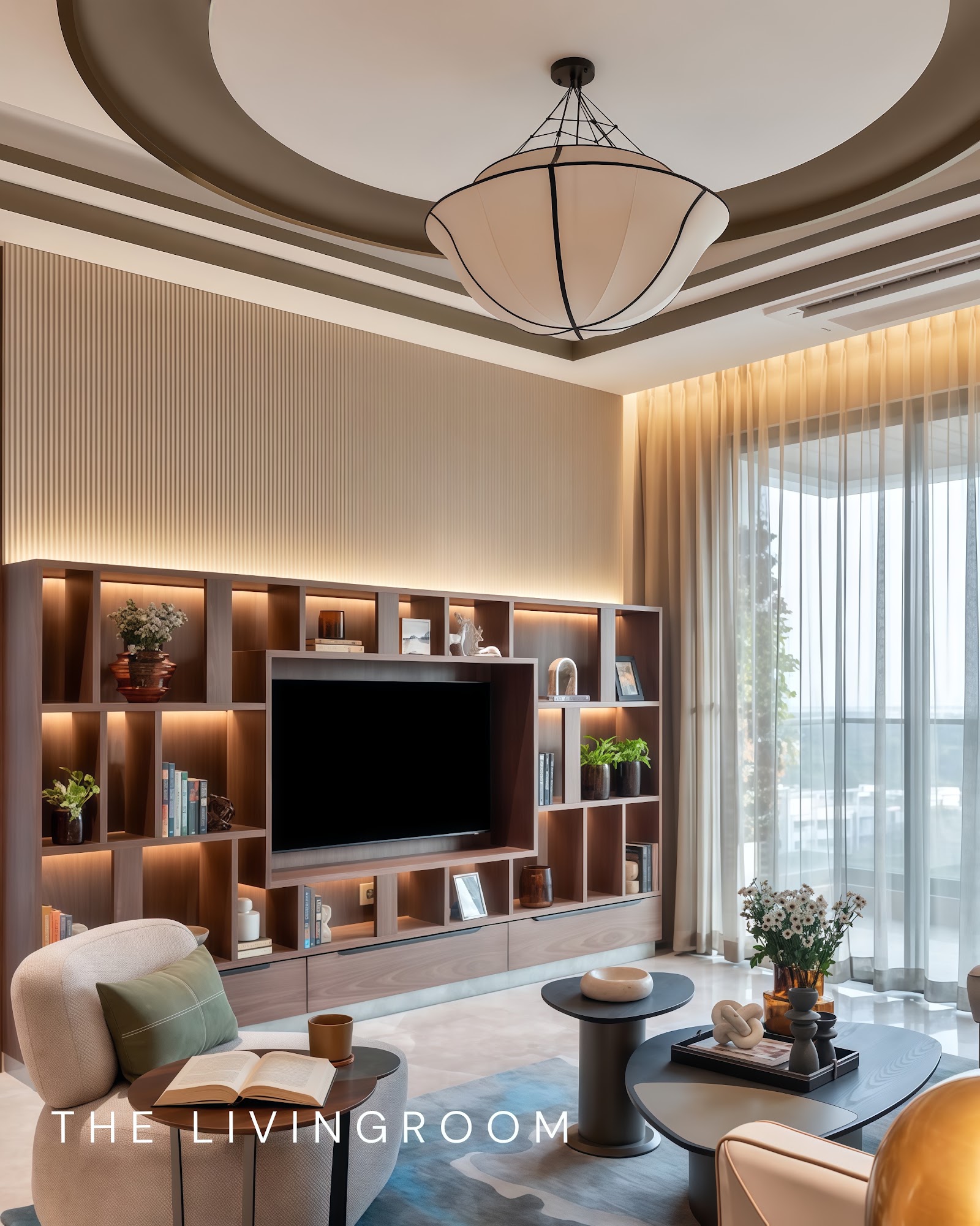 Render of a living room with a curved cove-lit POP ceiling, a backlit fluted-wood TV shelving wall, sheer floor-to-ceiling curtains, and a blue-toned area rug.