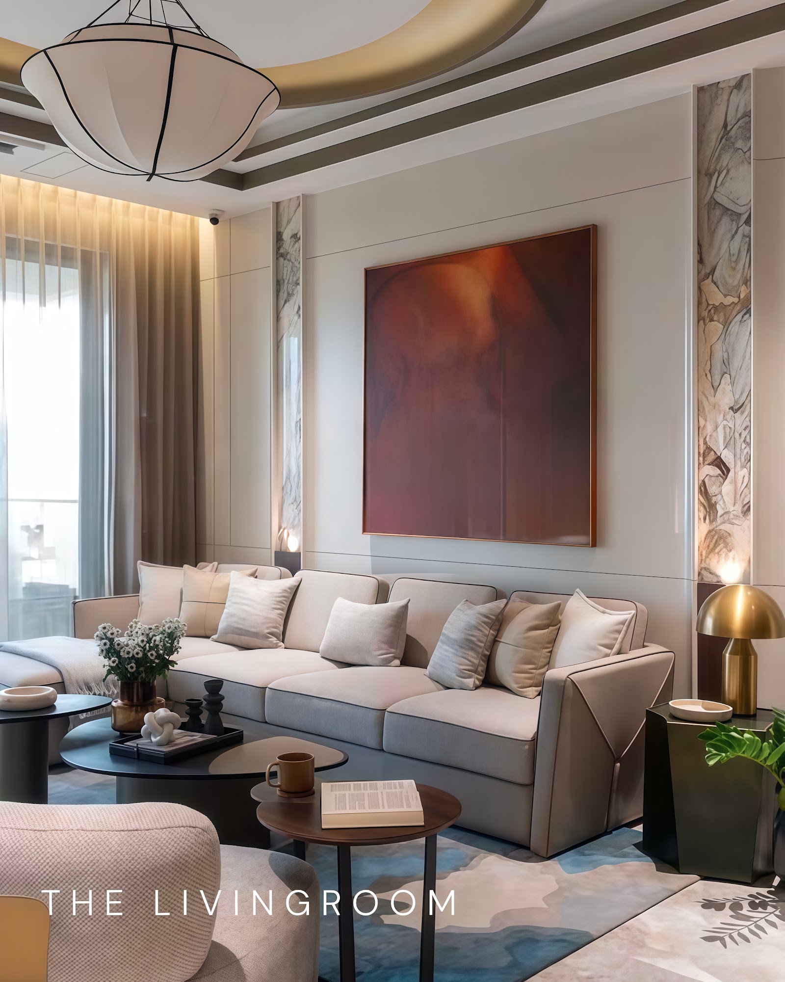 Living room with a beige sectional sofa beneath a large abstract painting flanked by bookmatched marble wall panels