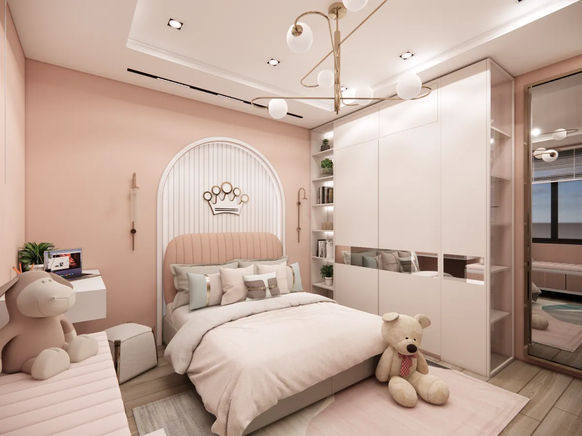 Render of a girl's bedroom in blush and cream — a pink velvet fluted headboard set into an arched white alcove under a gold crown motif