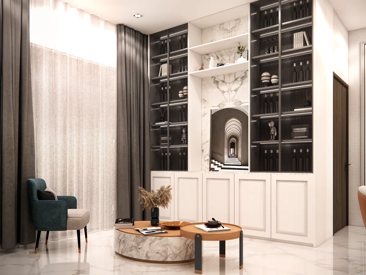 Render of a double-height living room where a black-lined library wall flanks a book-matched marble niche holding a print of an arched colonnade