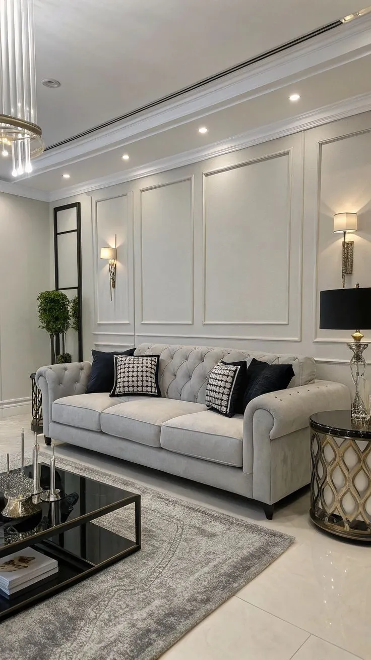 Render of a grey-and-white living room where a buttoned grey chesterfield sits against moulded wall panels lit by two brass sconces