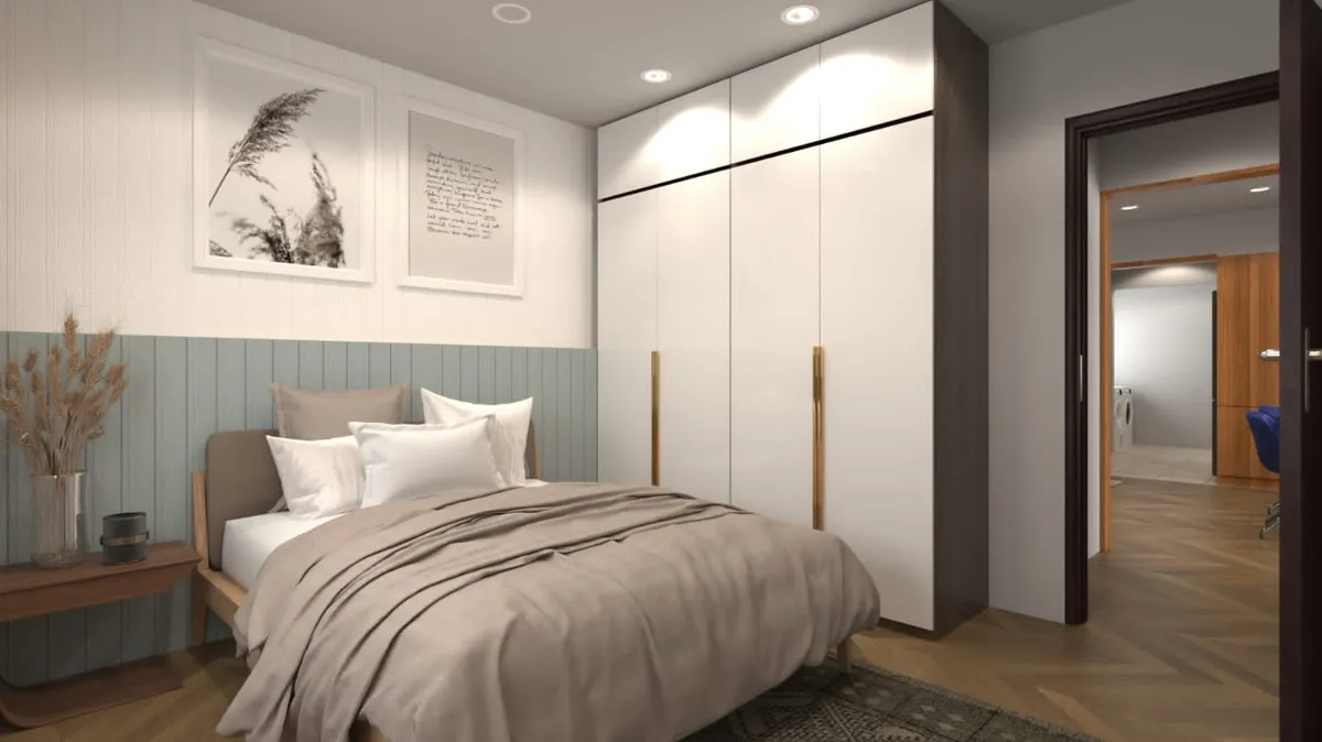 Render of a bedroom with a sage tongue-and-groove dado behind a wood-framed bed, two botanical prints above it and a white floor-to-ceiling wardrobe with oak