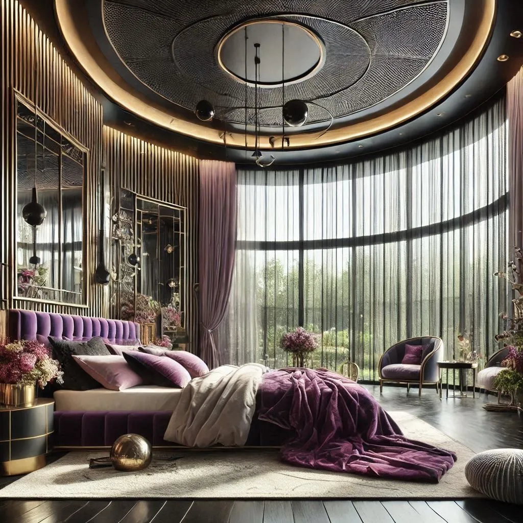 Render of an opulent bedroom with a purple velvet tufted bed, a sculptural gold-trimmed ceiling medallion