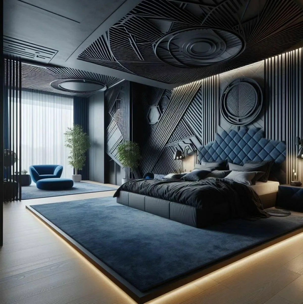 Render of a dark bedroom set on a raised LED-edged platform, a diamond-tufted sapphire velvet headboard against black relief-carved wall and ceiling panels