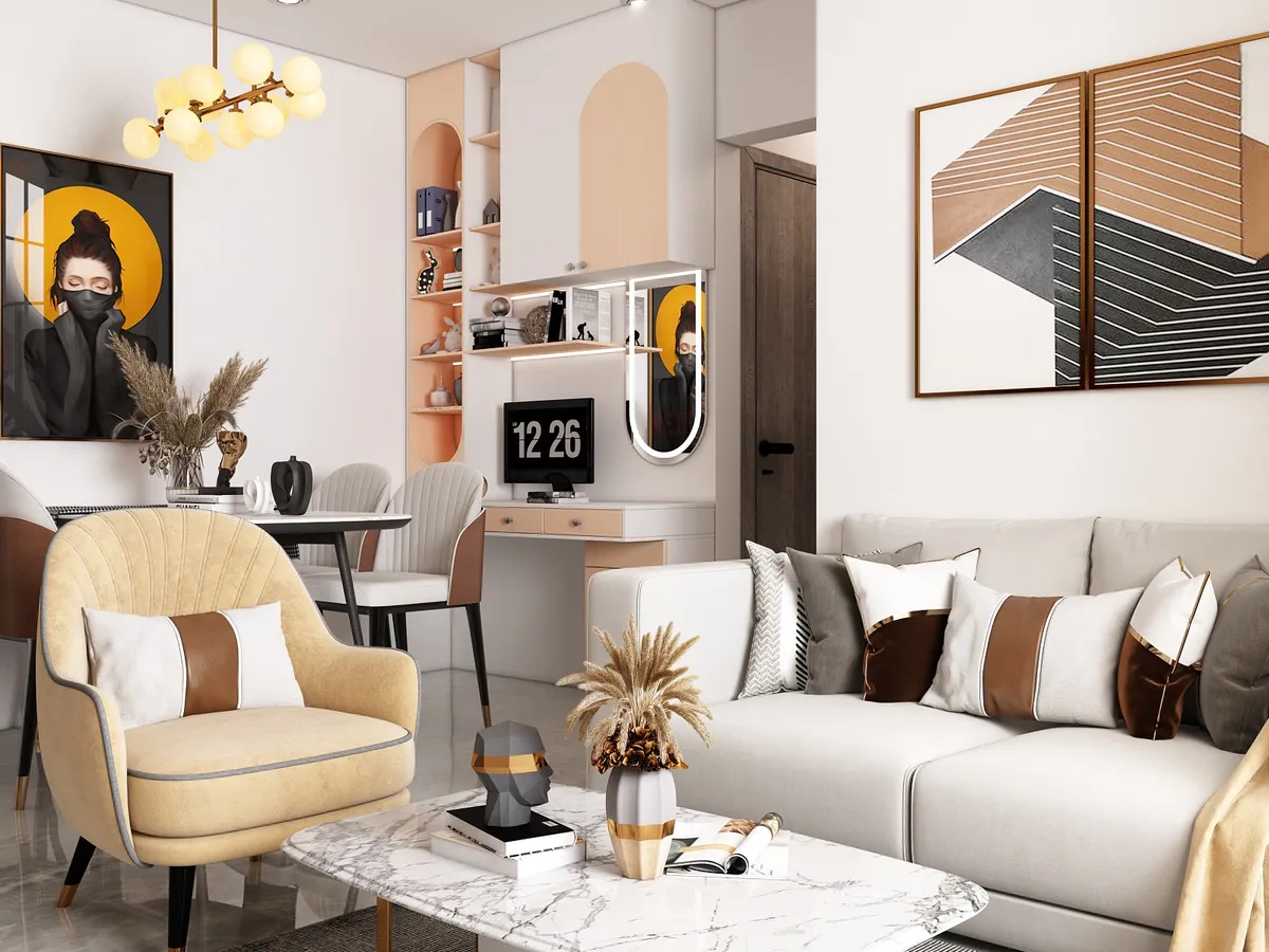 Render of a living room with an ivory sofa piled with tan leather-banded cushions, a mustard velvet tub chair, a white marble oval coffee table