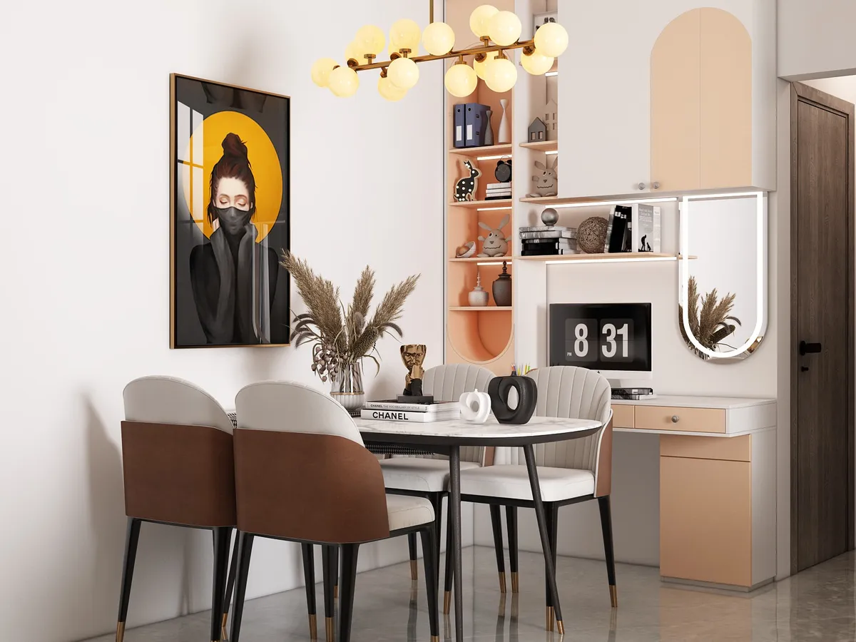 Render of a dining nook with a round marble-top table, terracotta and cream chairs, a globe chandelier
