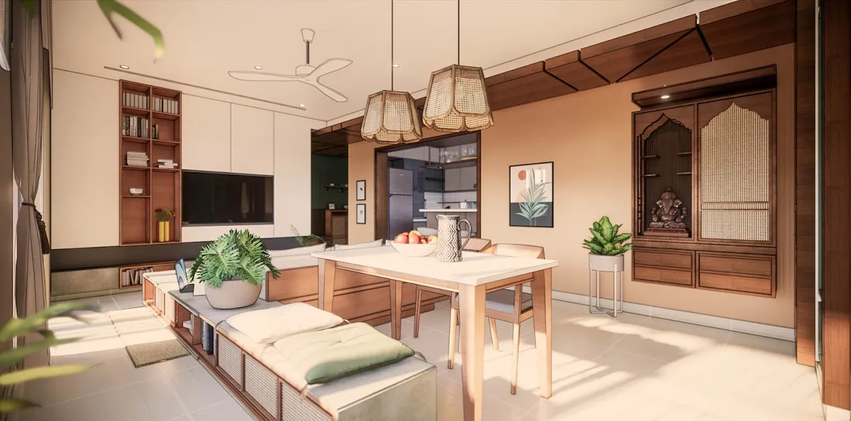 Render of an open-plan living-dining with a cane-fronted platform bench, a light-wood dining table under two woven cane pendants