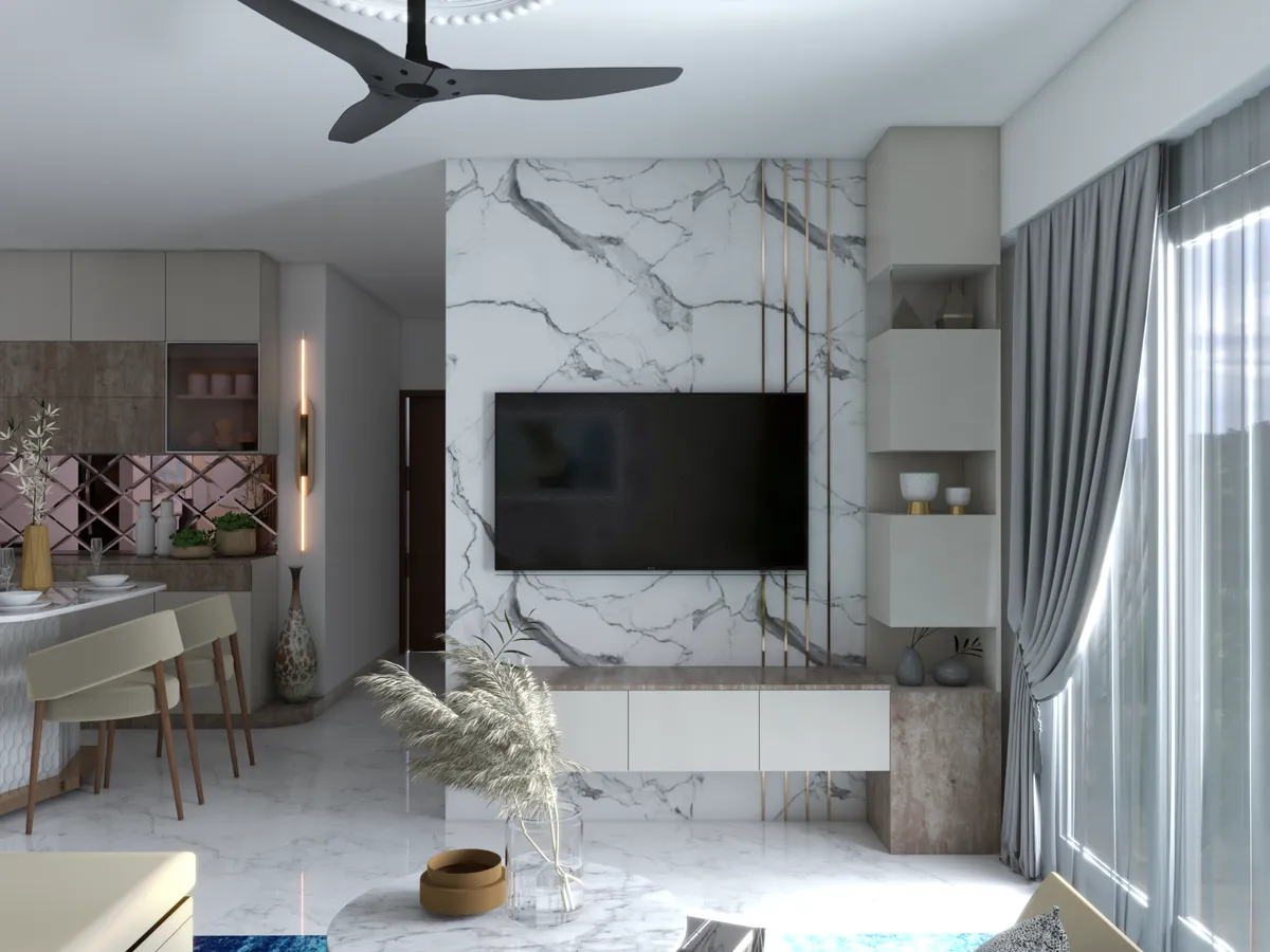 Render of a living room with a white marble slab TV wall inlaid with vertical brass strips, a handleless cream floating console and stepped display boxes