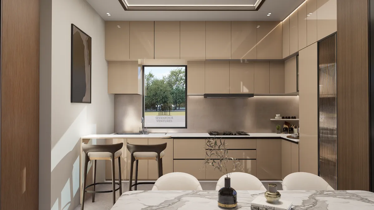 Render of a beige L-shaped kitchen wrapping a garden window, with double-stacked wall units