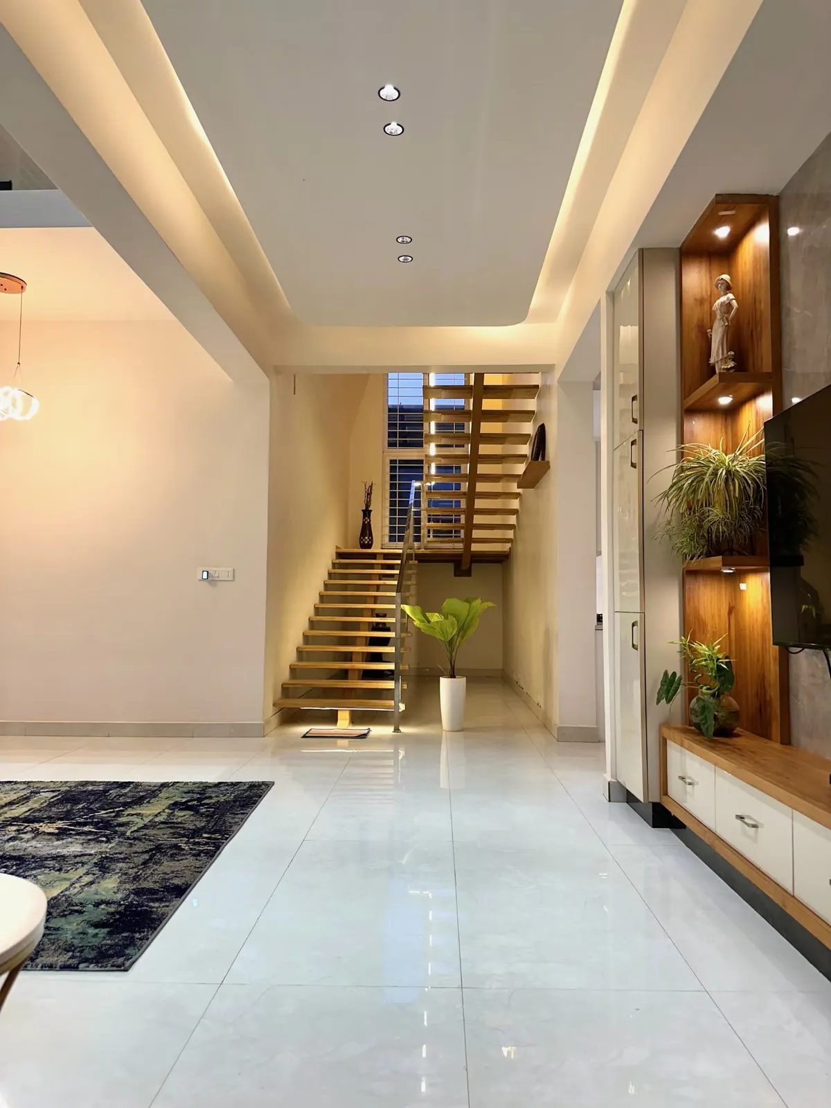 Living area with a white-and-teak TV unit whose lit open niches hold trailing plants and a figurine, a dark abstract rug at the left