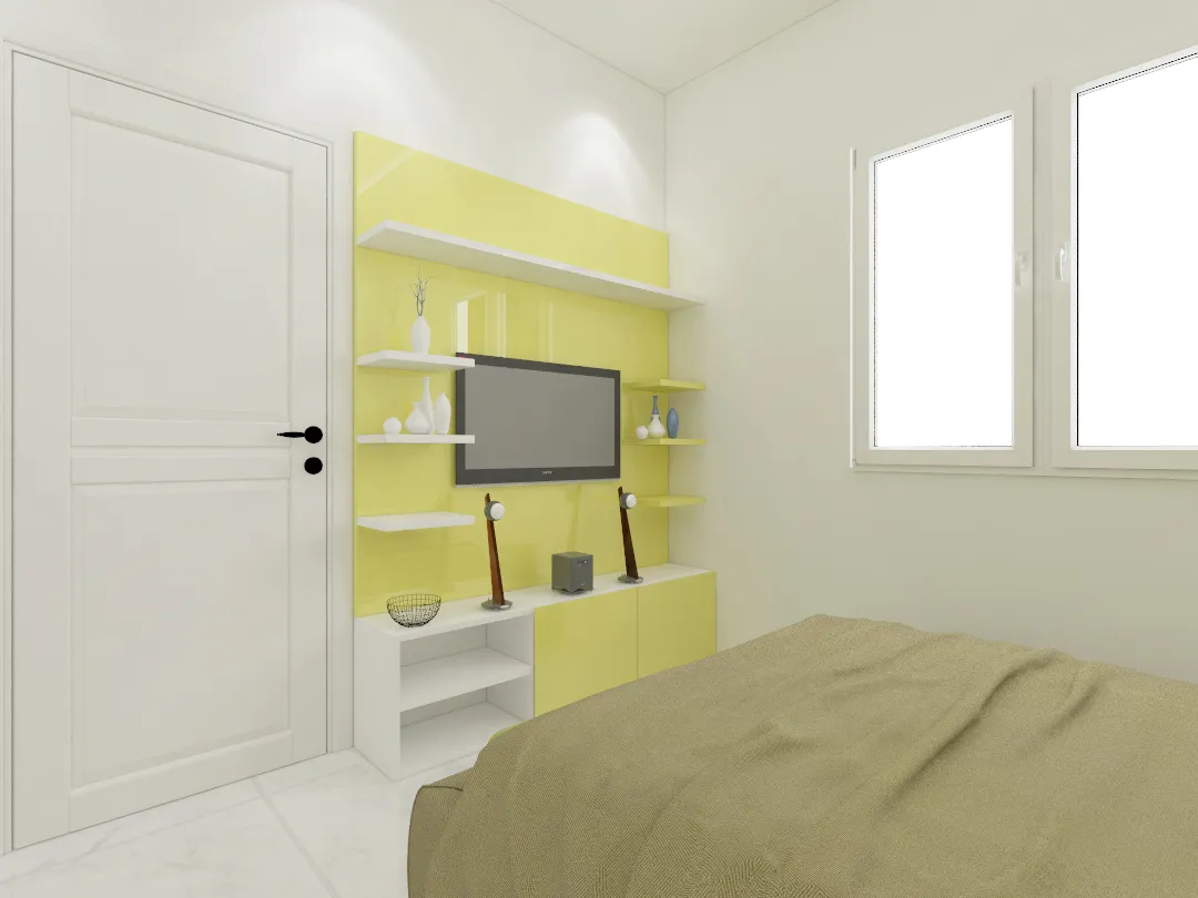 Basic render of a small bedroom whose only joinery is a lemon-yellow gloss TV panel with staggered white shelves and low cabinets