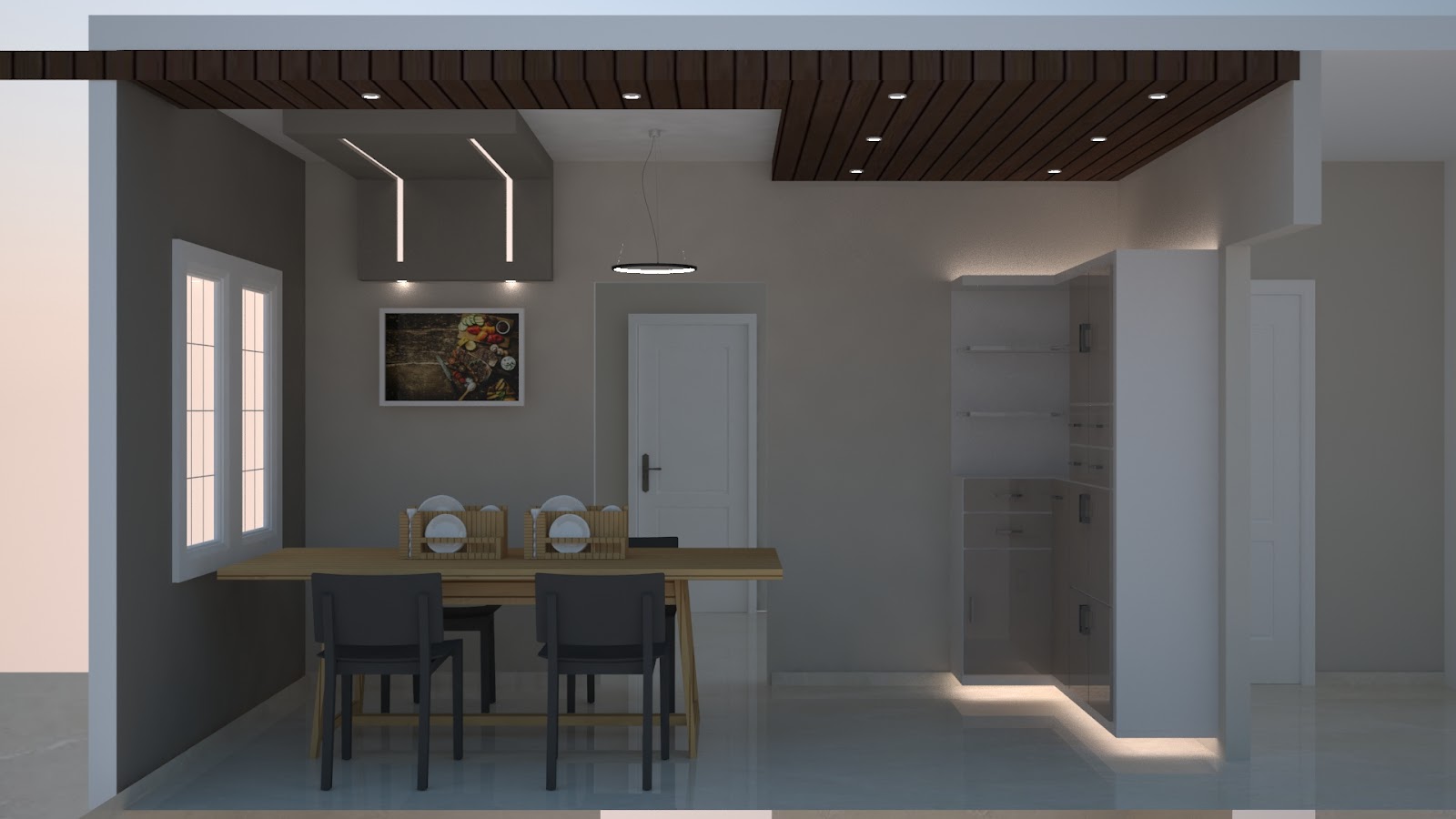 Render of a dining area with a wood-slat ceiling canopy, a ring pendant light over a table for four, and a glass-front crockery unit against the far wall.