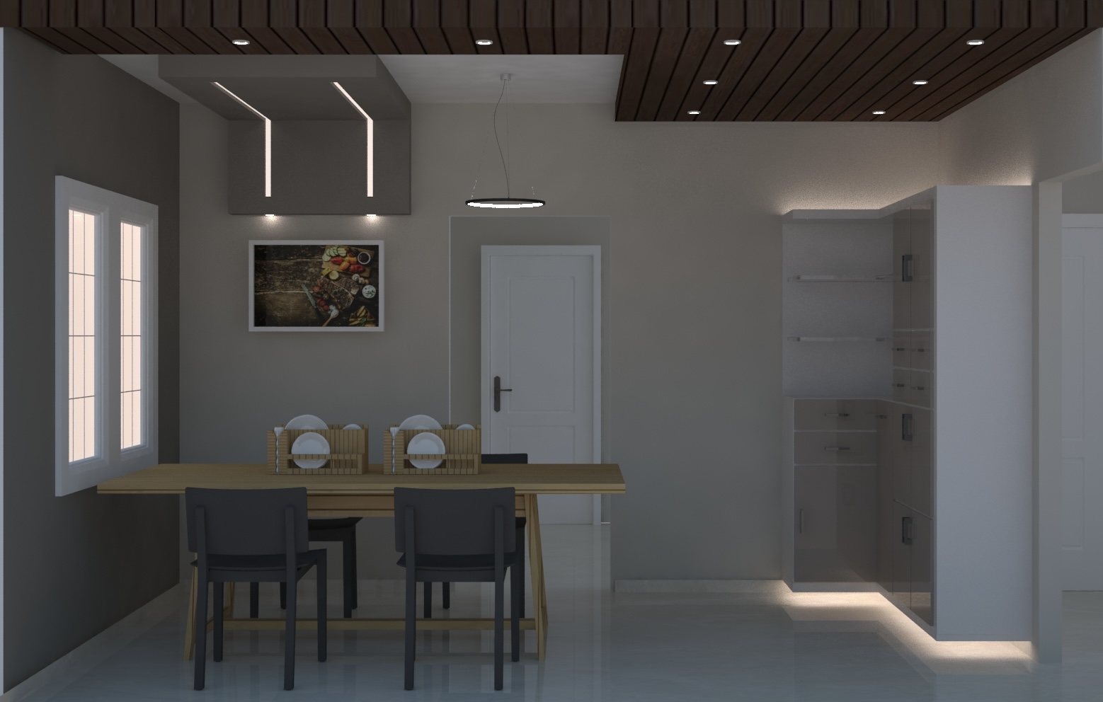 Render of a dining area with a wood slat ceiling, a round disc pendant light over a wood dining table with dark chairs, a framed food photograph on the wall