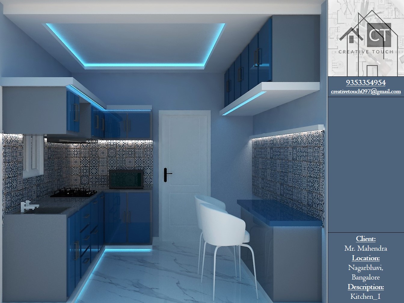 Render of a small U-shaped kitchen with glossy blue cabinetry, patterned tile backsplash, and blue LED cove lighting, with a breakfast counter by the door.