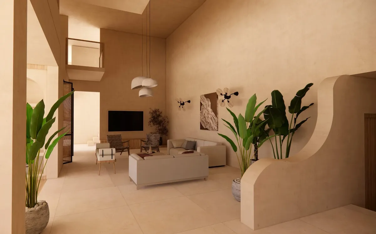Render of a double-height living room finished throughout in warm sand lime plaster, with a curved sweeping parapet wall