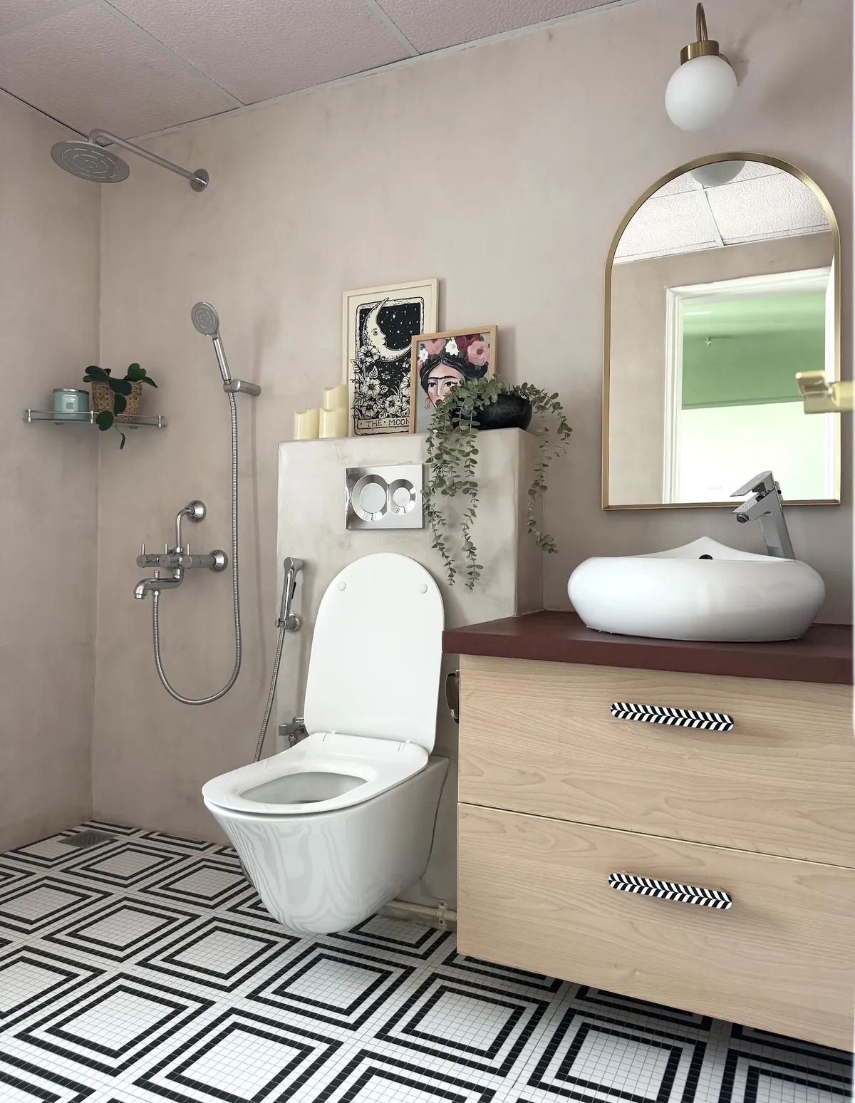 beige boho bathroom with vanity — real Indian home