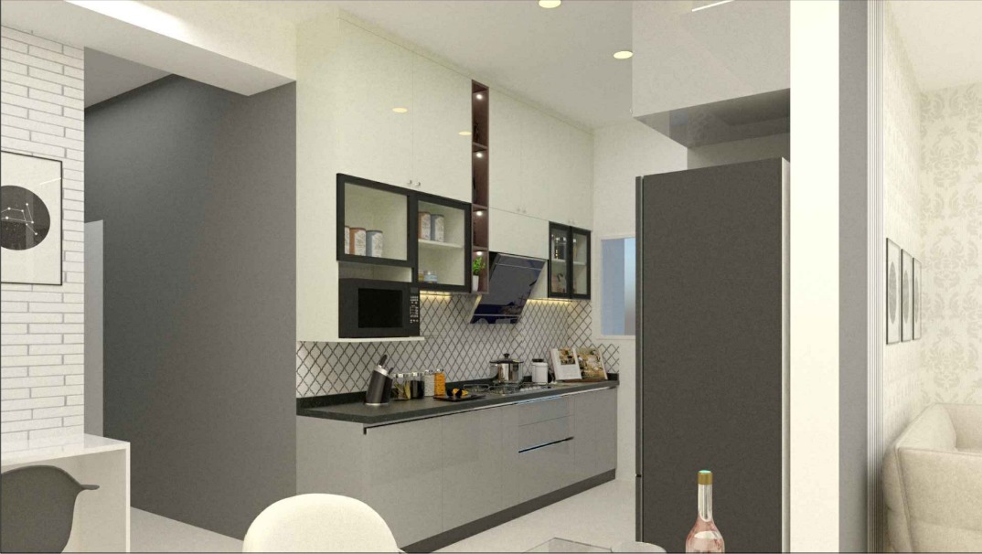 Render of an open-plan kitchen, dining and living area with grey glossy cabinetry, a diamond-pattern tile backsplash and a tall panelled refrigerator unit.
