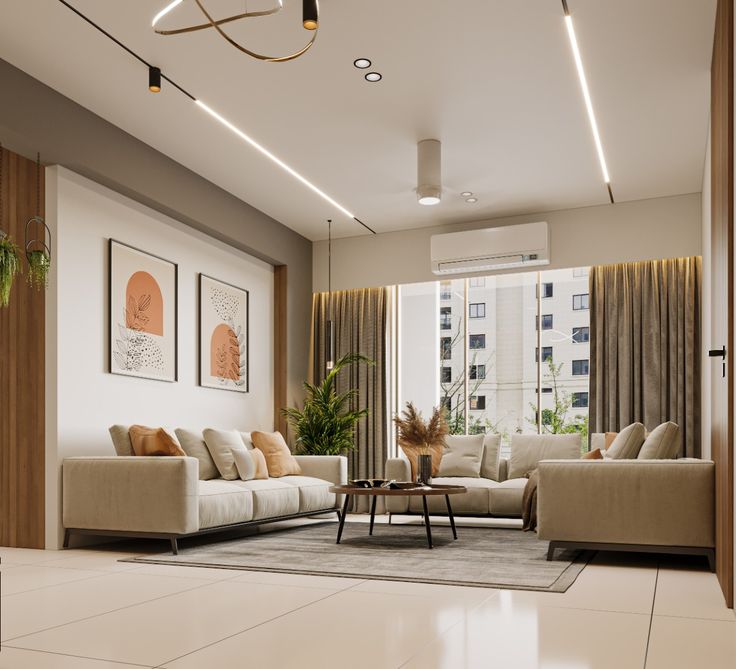Render of a living room with two beige sofas around a round wood coffee table, terracotta abstract wall art, dried pampas grass decor