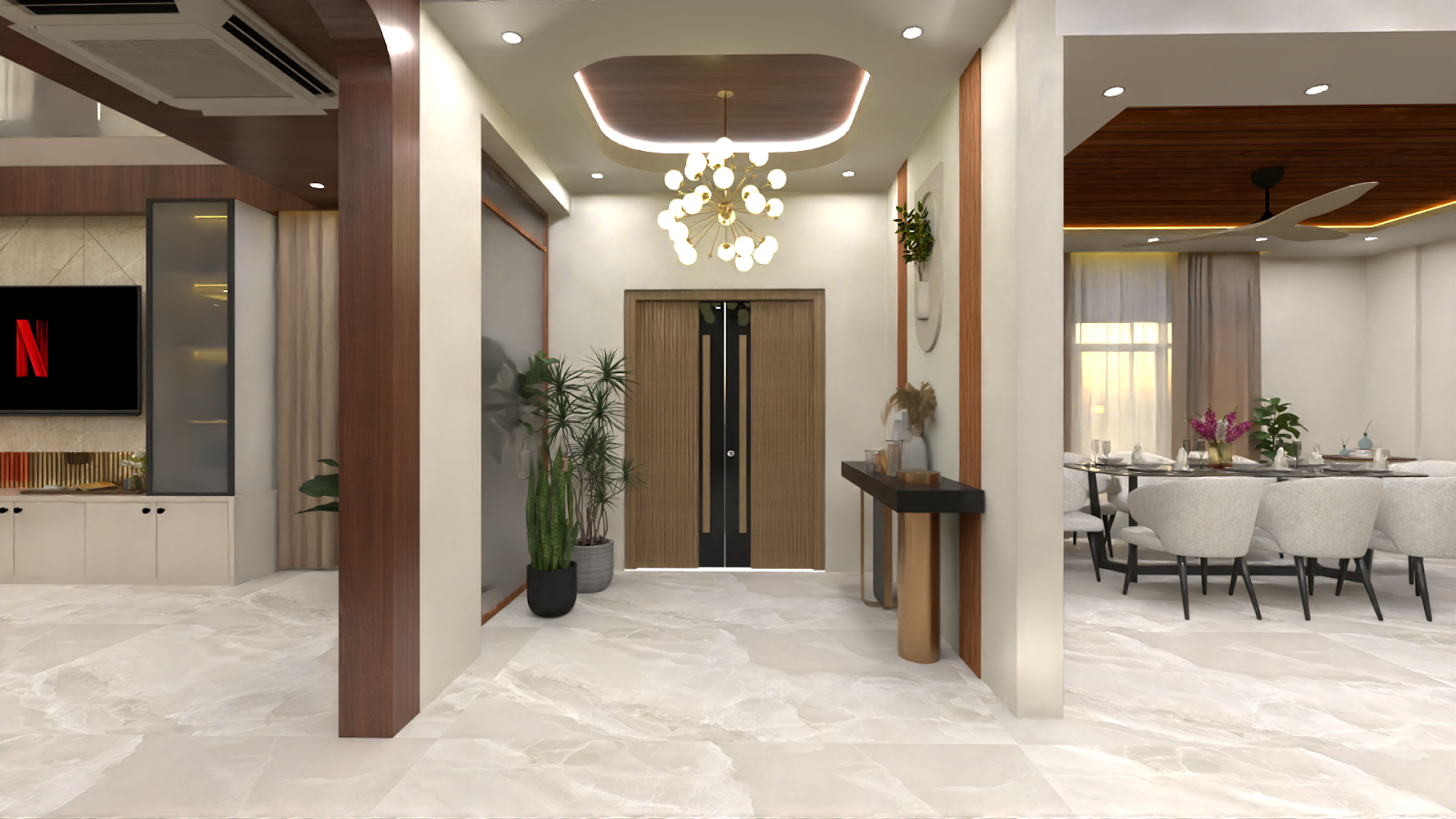 Render of an open-plan home entrance with a sputnik chandelier over a wood-panelled front door and console table