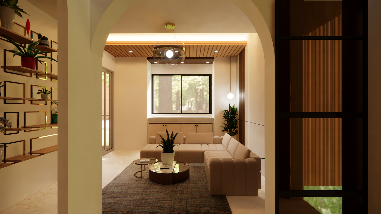 Render of a living room seen through an arched doorway, with a channel-tufted beige sectional sofa and nested round coffee tables on a patterned rug beneath a