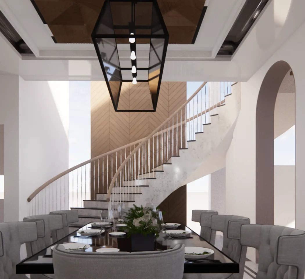 Render of a double-height dining area — glass-top table laid for six with grey buttoned chairs under an oversized black lantern pendant