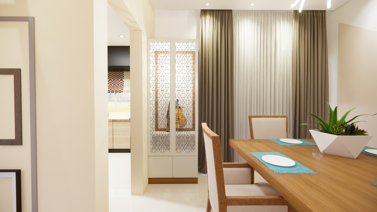 Render of an open dining area with a wood table set for two in teal placemats, a fretwork-front pooja cabinet in the hallway
