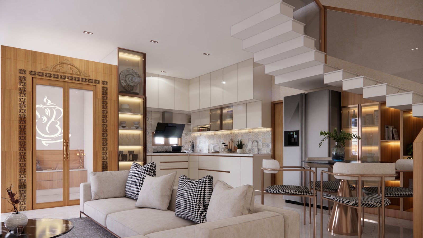 Render of an open-plan home showing a pooja unit with an illuminated Ganesh motif, a white modular kitchen