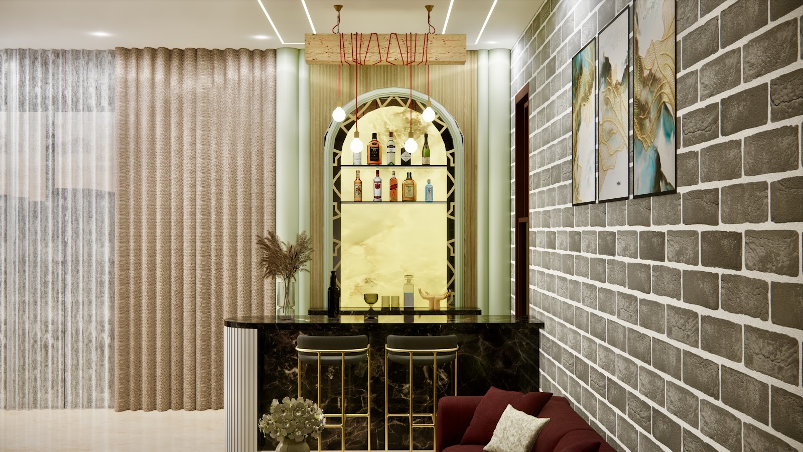 Render of a living room with a built-in home bar in a backlit arched onyx niche, gold-framed bar stools, a brick-pattern accent wall with framed art
