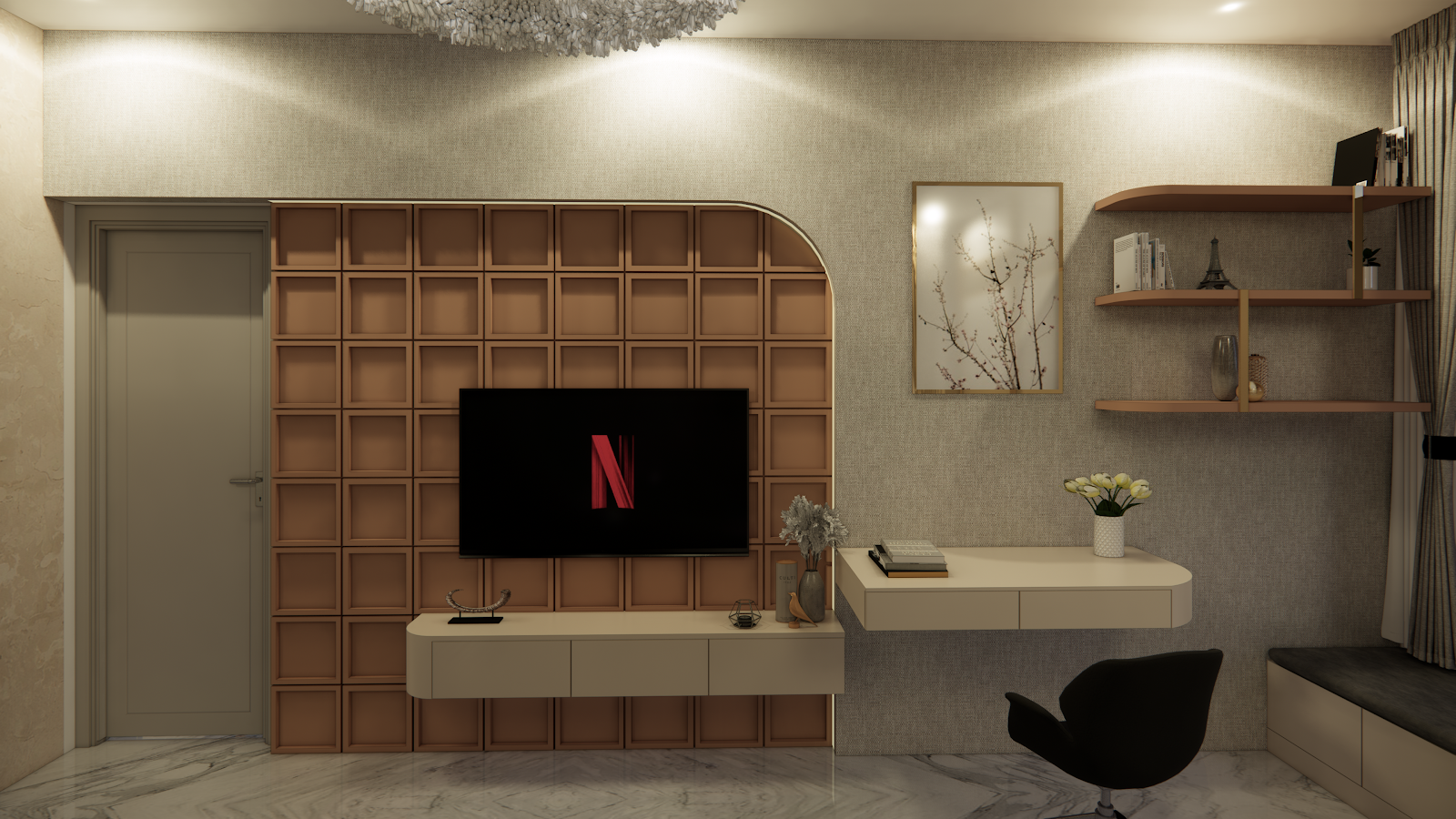 Render of a living room with a curved grid-panelled TV wall, a floating console, and an adjoining built-in study nook with a black swan-style accent chair.