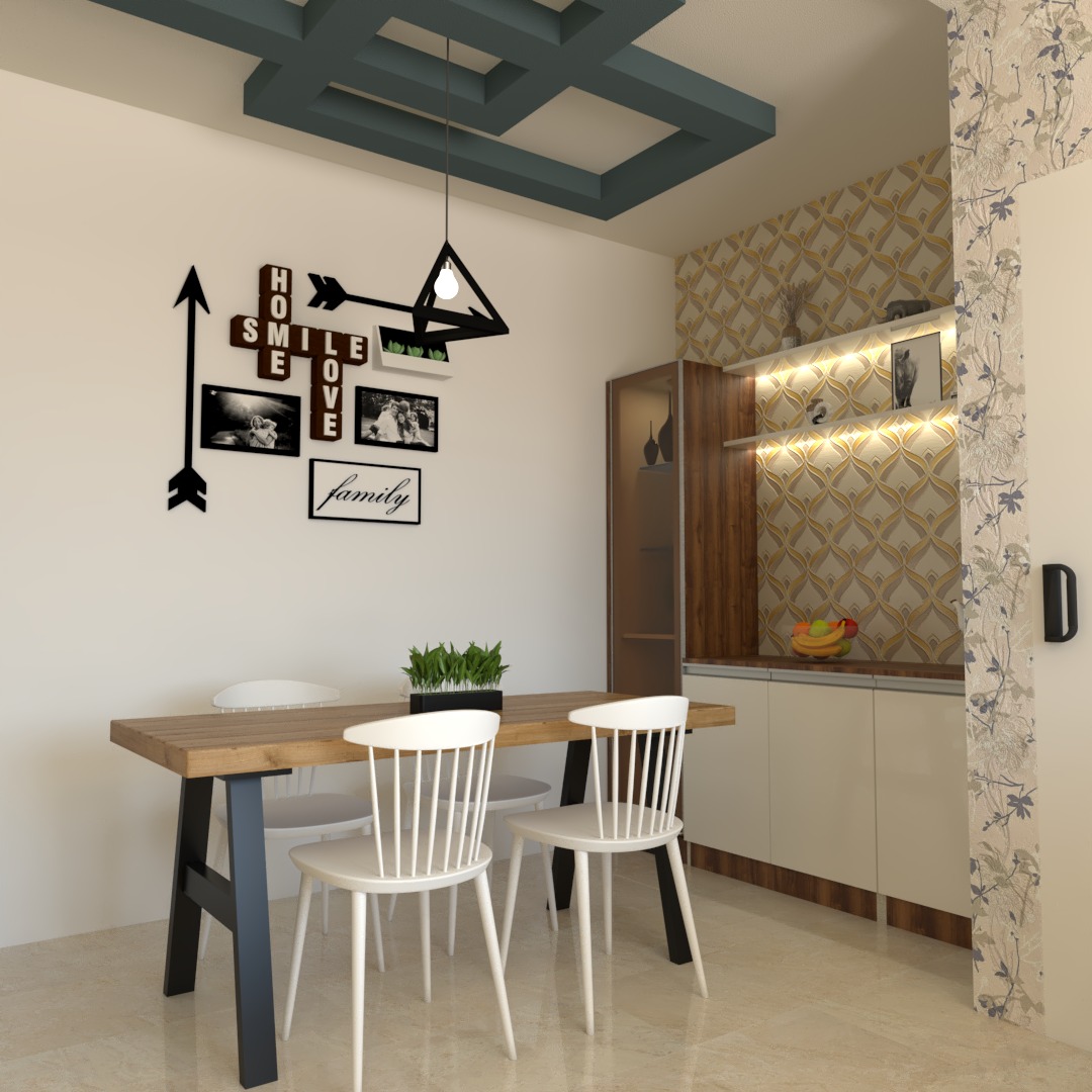 Render of a dining nook with a wood table and white spindle chairs, a family-photo wall-art collage, geometric ceiling beams