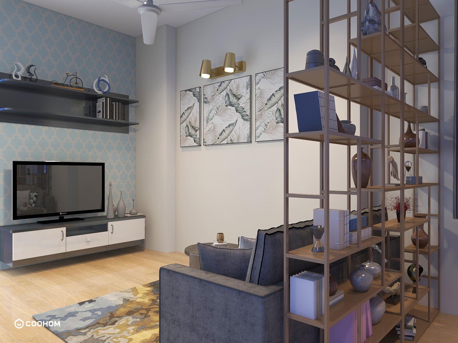 Render of a living room with a light-blue quatrefoil wallpaper TV wall, a botanical wall-art triptych and an open wood-frame shelving unit styled with decor.