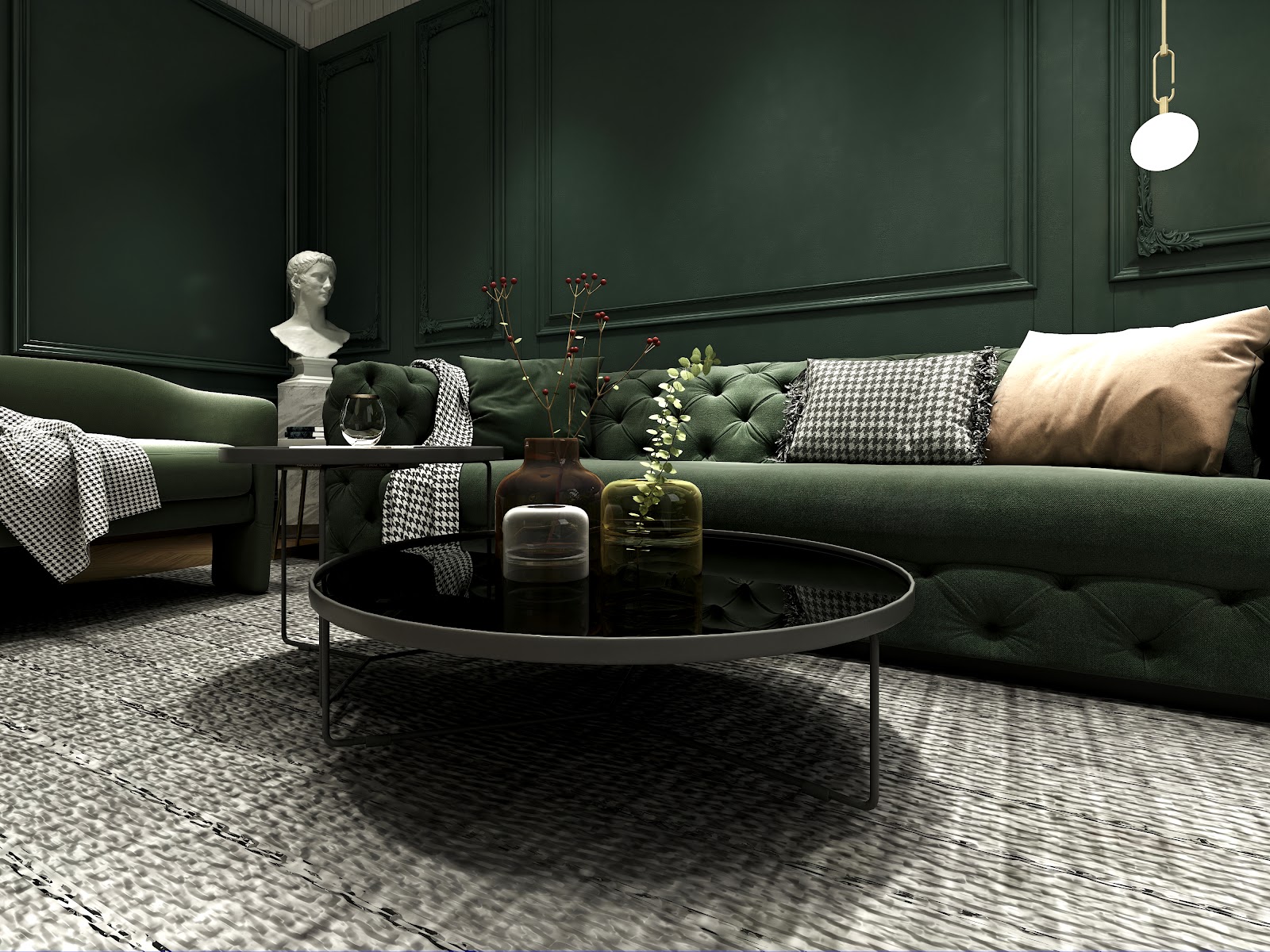 Render of a dark green living room with tufted velvet sofas, classic wall moulding panelling, a round glass coffee table styled with vases