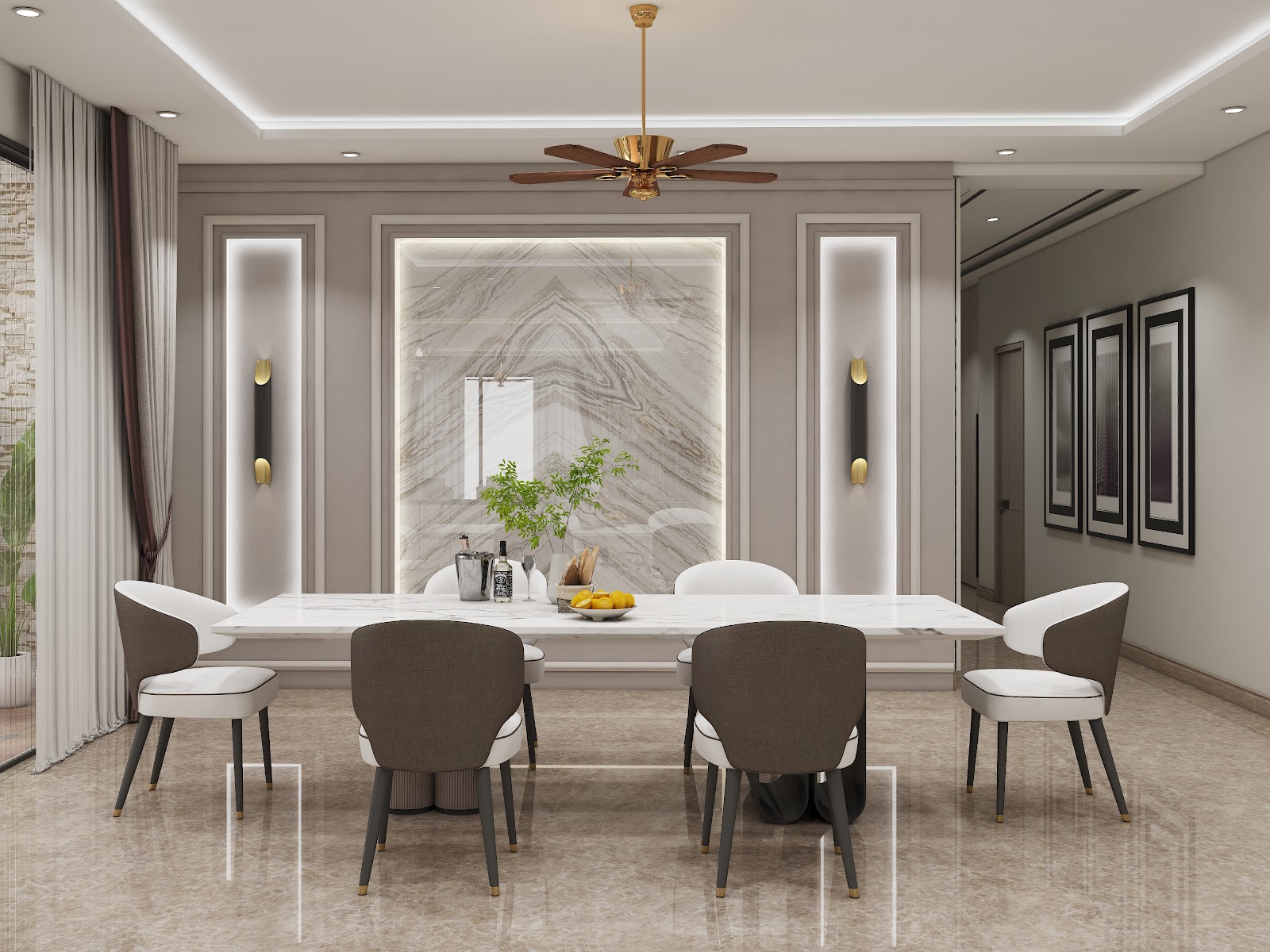 Render of a dining room with a marble-top table seating six, a backlit marble-clad wall niche, brass wall sconces framing it