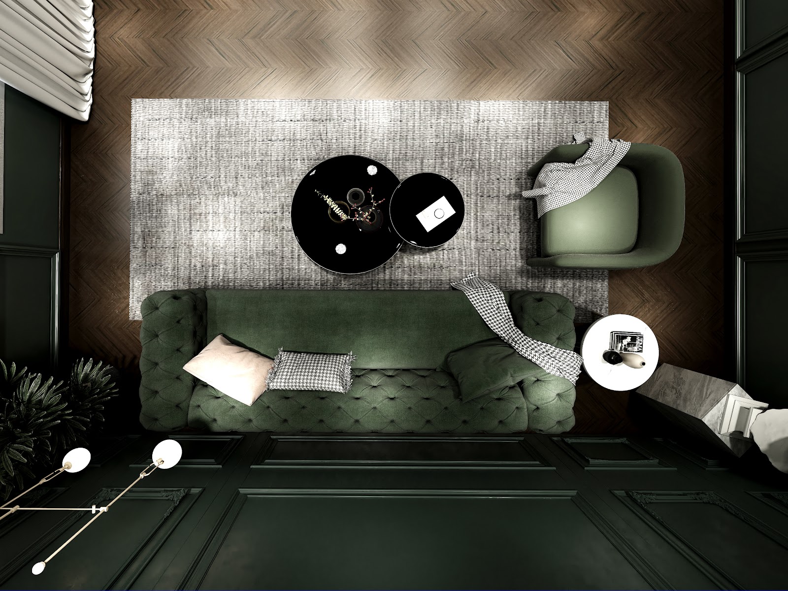 Top-down render of a dark green living room with a tufted velvet chesterfield sofa, herringbone wood accent wall