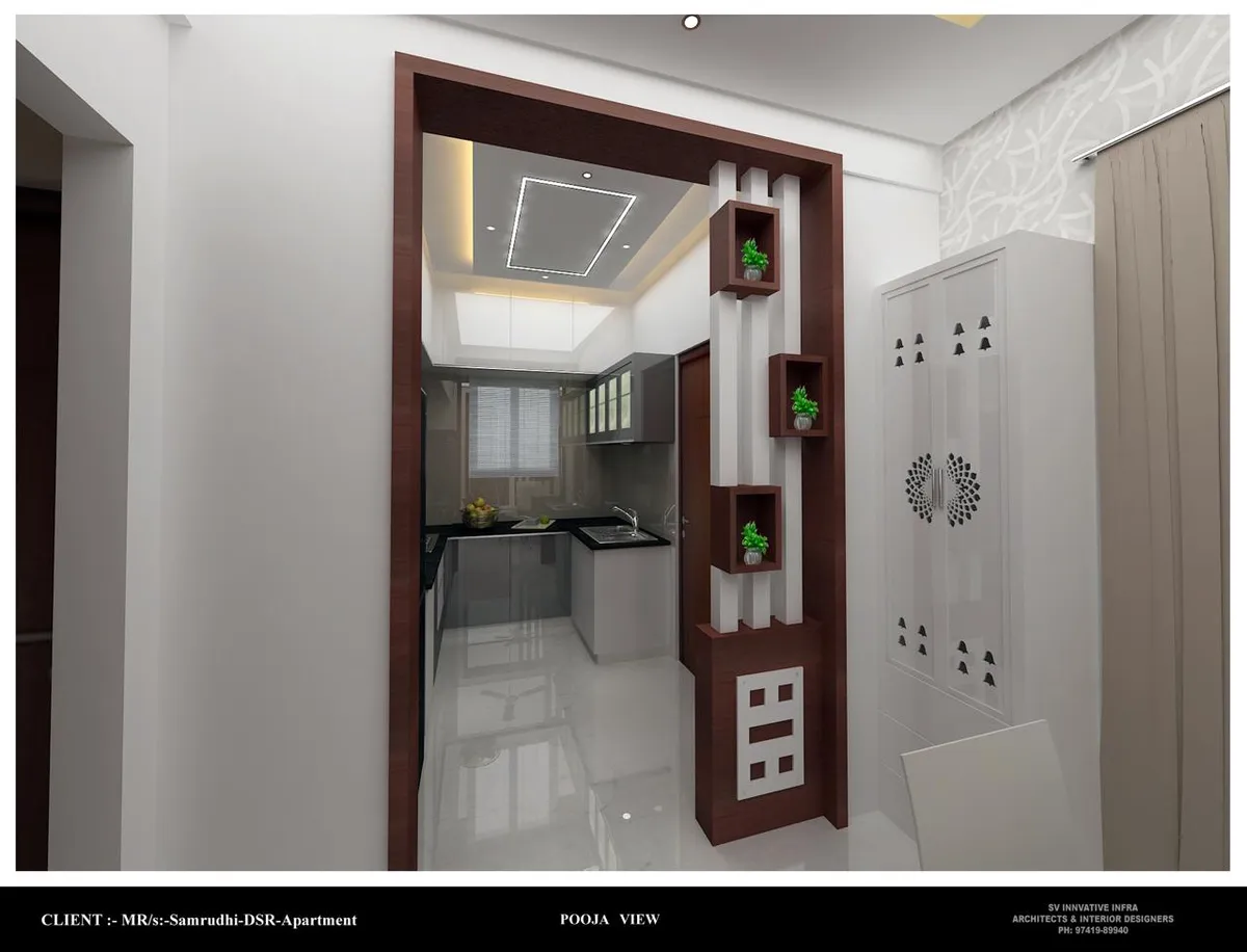 Render of a pooja alcove with a bell-motif carved white pooja cabinet beside a wood-and-white slatted partition holding plant display niches