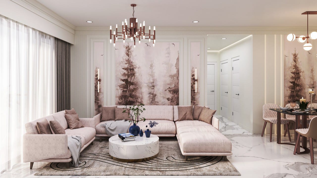 Render of an open-plan living and dining space with a blush-pink sectional sofa, a forest-mural wallpaper feature wall flanked by fluted panelling