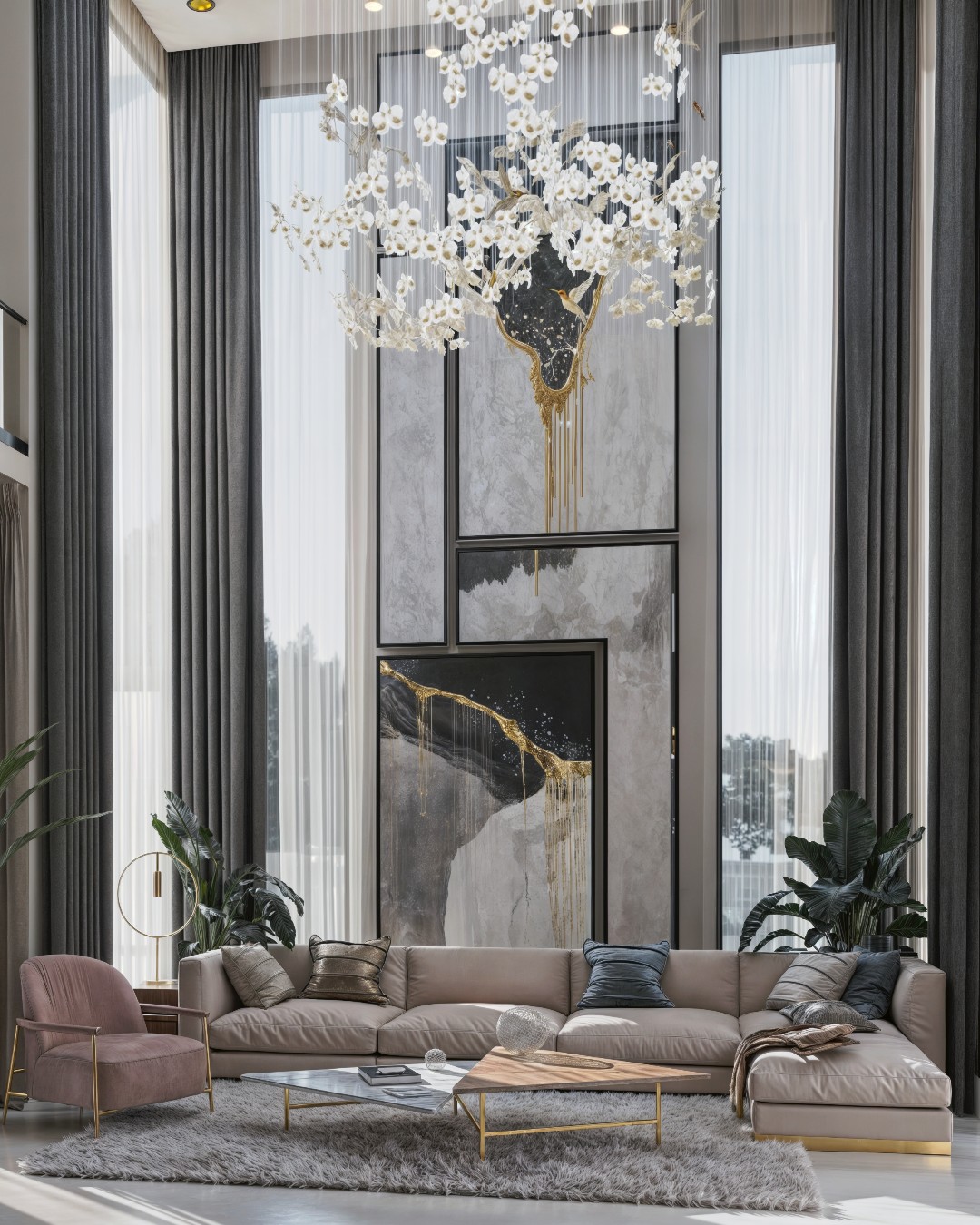 Render of a double-height living room with a floor-to-ceiling marble and gold-drip art panel wall, a dramatic floral branch chandelier